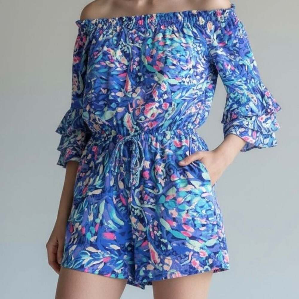 Lilly Pulitzer Calla Romper Party Wave Print Festival Resort Beach Coastal